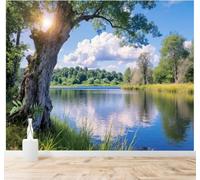 Tzxztt Serene Lake Blue Sky White Clouds Forest Reflection Modern 3D Wallpaper Premium Textured Silk Neutral Tones Material Ideal for Living Room Bedroom-200cm×140cm