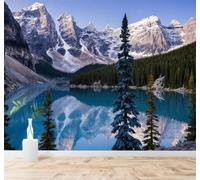 Tzxztt Snow Capped Mountains Blue Lakes Pine Forests Clear Skies Modern 3D Wallpaper Premium Textured Silk Neutral Tones Material Ideal for Living Room Bedroom-400cm×280cm