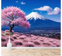 Tzxztt Snow Capped Mountains Pink Cherry Blossom Trees Blue Sky Landscape Modern 3D Wallpaper Premium Textured Silk Neutral Tones Material Ideal for Living Room Bedroom-430cm×300cm