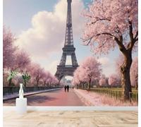 Tzxztt Spring Scenery Tower Pink Cherry Blossom Trees Road Modern 3D Wallpaper Premium Textured Silk Neutral Tones Material Ideal for Living Room Bedroom-350cm×256cm