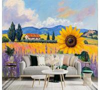 Tzxztt Sunflowers Lavender Fields Country Cottage Mountain Scenery Modern 3D Wallpaper Premium Textured Silk Neutral Tones Material Ideal for Living Room Bedroom-400cm×280cm