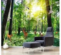Tzxztt Sunlight Green Forest Birds Elk Modern 3D Wallpaper Premium Textured Silk Neutral Tones Material Ideal for Living Room Bedroom-430cm×300cm