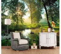 Tzxztt Sunlight Green Forest River Scenery Modern 3D Wallpaper Premium Textured Silk Neutral Tones Material Ideal for Living Room Bedroom-400cm×280cm