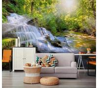 Tzxztt Sunlight Green Forest Waterfall Natural Scenery Modern 3D Wallpaper Premium Textured Silk Neutral Tones Material Ideal for Living Room Bedroom-200cm×140cm
