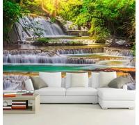 Tzxztt Sunlight Green Forest Waterfall Scenery Modern 3D Wallpaper Premium Textured Silk Neutral Tones Material Ideal for Living Room Bedroom-400cm×280cm