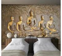 Tzxztt Three Dimensional Art Relief Bodhi Tree Golden Buddha Thai Style Modern 3D Wallpaper Premium Textured Silk Neutral Tones Material Ideal for Living Room Bedroom-200cm×140cm
