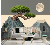 Tzxztt Three Dimensional Mountain Peak Bonsai Tree Full Moon Minimalist Landscape Modern 3D Wallpaper Premium Textured Silk Neutral Tones Material Ideal for Living Room Bedroom-350cm×256cm