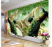 Tzxztt Three Dimensional Trees Green Leaves Birds in Flight Peacocks Modern 3D Wallpaper Premium Textured Silk Neutral Tones Material Ideal for Living Room Bedroom-300cm×210cm