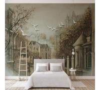 Tzxztt Three Dimensional Vintage Hand Drawn Architecture Street Birds in Flight Modern 3D Wallpaper Premium Textured Silk Neutral Tones Material Ideal for Living Room Bedroom-200cm×140cm