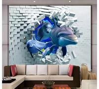 Tzxztt Three Dimensional White Bricks Broken Wall Deep Sea Animals Dolphins Modern 3D Wallpaper Premium Textured Silk Neutral Tones Material Ideal for Living Room Bedroom-350cm×256cm