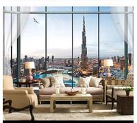 Tzxztt Three Dimensional Window Birds City Architecture River Modern 3D Wallpaper Premium Textured Silk Neutral Tones Material Ideal for Living Room Bedroom-350cm×256cm