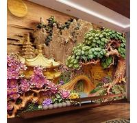 Tzxztt Three Dimensional Wood Carving Mountain Tree Small Bridge Flying Birds Flowers Modern 3D Wallpaper Premium Textured Silk Neutral Tones Material Ideal for Living Room Bedroom-150cm×105cm
