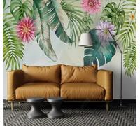 Tzxztt Tropical Plants Green Leaves Pink Flowers Modern 3D Wallpaper Premium Textured Silk Neutral Tones Material Ideal for Living Room Bedroom-300cm×210cm