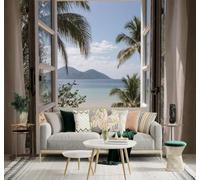 Tzxztt View from The Window Tropical Beach Scenery Palm Trees Azure Ocean Modern 3D Wallpaper Premium Textured Silk Neutral Tones Material Ideal for Living Room Bedroom-200cm×140cm
