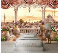 Tzxztt Vintage City Architecture Castle Balcony Scenery Modern 3D Wallpaper Premium Textured Silk Neutral Tones Material Ideal for Living Room Bedroom-300cm×210cm