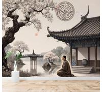Tzxztt Vintage Classical Architecture Cherry Blossoms By The Lake River Modern 3D Wallpaper Premium Textured Silk Neutral Tones Material Ideal for Living Room Bedroom-250cm×170cm
