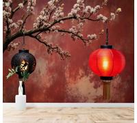Tzxztt Vintage Creative Rural Landscape Red Lanterns Cherry Blossom Branches Modern 3D Wallpaper Premium Textured Silk Neutral Tones Material Ideal for Living Room Bedroom-430cm×300cm