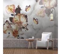 Tzxztt Vintage Hand Painted Floral Butterflies Marble Effect Modern 3D Wallpaper Premium Textured Silk Neutral Tones Material Ideal for Living Room Bedroom-300cm×210cm