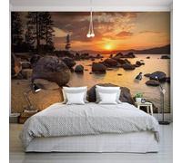 Tzxztt Warmth Sunset Twilight Autumn River Stones Modern 3D Wallpaper Premium Textured Silk Neutral Tones Material Ideal for Living Room Bedroom-400cm×280cm