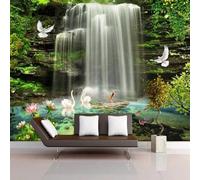 Tzxztt Waterfall Birds Lotus Swans Small Fish Modern 3D Wallpaper Premium Textured Silk Neutral Tones Material Ideal for Living Room Bedroom-350cm×256cm