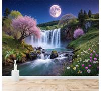 Tzxztt Waterfall Cherry Blossoms River Wildflowers Full Moon Modern 3D Wallpaper Premium Textured Silk Neutral Tones Material Ideal for Living Room Bedroom-350cm×256cm