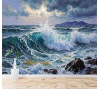 Tzxztt Waves Crashing Against Rocks Mountains in The Distance Cloudy Sky Seascape Modern 3D Wallpaper Premium Textured Silk Neutral Tones Material Ideal for Living Room Bedroom-300cm×210cm