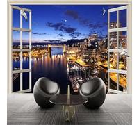 Tzxztt Window Architecture Flying Birds River Small Boat Modern 3D Wallpaper Premium Textured Silk Neutral Tones Material Ideal for Living Room Bedroom-300cm×210cm