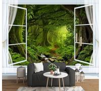 Tzxztt Window Frame Nature Landscape Space Forest Modern 3D Wallpaper Premium Textured Silk Neutral Tones Material Ideal for Living Room Bedroom-150cm×105cm