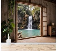 Tzxztt Wooden Windows Lakes Waterfall Scenery Tropical Forests Modern 3D Wallpaper Premium Textured Silk Neutral Tones Material Ideal for Living Room Bedroom-400cm×280cm