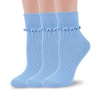TZYDMN Womens Ruffle Socks Fashion Breathable Solid Color Turn-Cuff Cute Girls Ankle Socks 3 Pairs, Light Blue, One size
