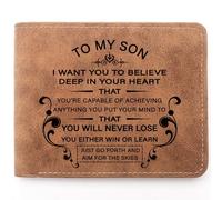 TZYTHT Personalized Leather Wallet for Men - Engraved Son Gift from Mom Dad - Birthday, Christmas, Graduation, Inspirational Present, I Want Son, 3.5" X 4.5"