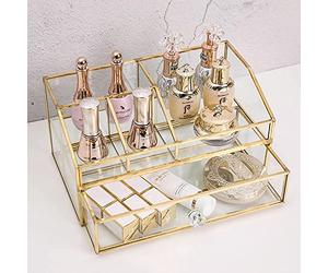 U/B Glass Makeup Brush Holder, Cosmetic Brushes Organizer Jewelry Display Box, Nordic Style Elegant Nail Polish Lipsticks Eyeliners Holder for Vanity Bathroom Bedroom Office