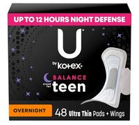 U by Kotex Balance Sized for Teens Ultra Thin Overnight Pads with Wings, 48 Count (4 Packs of 12) (Packaging May Vary)