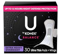 U by Kotex Balance Ultra Thin Overnight Pads with Wings, Extra Heavy Absorbency, 30 Count (Packaging May Vary)