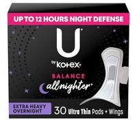 U by Kotex Balance Ultra Thin Overnight Pads with Wings, Extra Heavy Absorbency, 30 Count (Packaging May Vary)