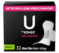 U by Kotex Balance Ultra Thin Pads with Wings, Heavy Absorbency, 32 Count (Packaging May Vary)