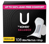 U by Kotex Balance Ultra Thin Pads with Wings, Regular Absorbency, 108 Count (6 packs of 18) (Packaging May Vary)
