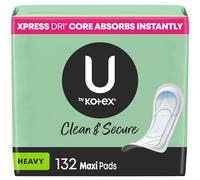 U by Kotex Clean & Secure Maxi Pads, Heavy Absorbency, 132 Count (3 Packs of 44) (Packaging May Vary)