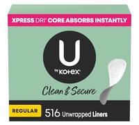 U by Kotex Clean & Secure Panty Liners, Light Absorbency, Regular Length, 516 Count (4 Packs of 129) (Packaging May Vary)