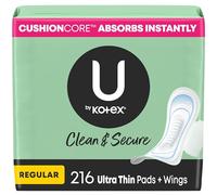 U by Kotex Clean & Secure Ultra Thin Pads with Wings, Regular Absorbency, 216 Count (6 Packs of 36)