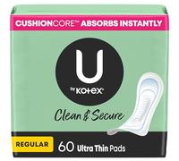 U by Kotex Ultra Thin Pads, Clean & Secure, Regular Absorbency, 60 Count (Packaging May Vary)