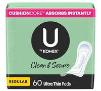 U by Kotex Clean & Secure Ultra Thin Pads, Regular Absorbency, 60 Count (Packaging May Vary)