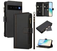 U.DARELIKE Case for Google Pixel 6 Pro Wallet PU Leather Flip Cover 9 Card Holder Zipper Pocket Holster with Kickstand Magnetic Closure Hand Strap for Google Pixel 6 Pro - Black