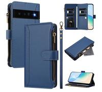 U.DARELIKE Case for Google Pixel 6 Wallet PU Leather Flip Cover 9 Card Holder Zipper Pocket Holster with Kickstand Magnetic Closure Hand Strap for Google Pixel 6 - Navy Blue