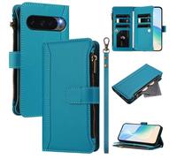 U.DARELIKE Case for Google Pixel 9 Wallet PU Leather Flip Cover 9 Card Holder Zipper Pocket Holster with Kickstand Magnetic Closure Hand Strap for Google Pixel 9 - Turquoise Blue