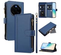 U.DARELIKE Case for Honor Magic 7 Pro Wallet PU Leather Flip Cover 9 Card Holder Zipper Pocket Holster with Kickstand Magnetic Closure Hand Strap for Honor Magic 7 Pro - Navy Blue