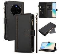 U.DARELIKE Case for Honor Magic 7 Pro Wallet PU Leather Flip Cover 9 Card Holder Zipper Pocket Holster with Kickstand Magnetic Closure Hand Strap for Honor Magic 7 Pro - Black