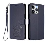 U.DARELIKE Case for iPhone 13 Pro Max Wallet PU Leather Flip Cover Embossed Lovely Cat Pattern Design Kick Stand Case with Card Slots Hand Strap Phone Holster for iPhone 13 Pro Max - Navy Blue