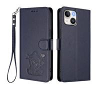 U.DARELIKE Case for iPhone 15 Wallet PU Leather Flip Cover Embossed Lovely Cat Pattern Design Kick Stand Case with Card Slots Hand Strap Phone Holster for iPhone 15 - Navy Blue