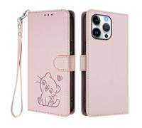 U.DARELIKE Case for iPhone 16 Pro Max Wallet PU Leather Flip Cover Embossed Lovely Cat Pattern Design Kick Stand Case with Card Slots Hand Strap Phone Holster for iPhone 16 Pro Max - Pink